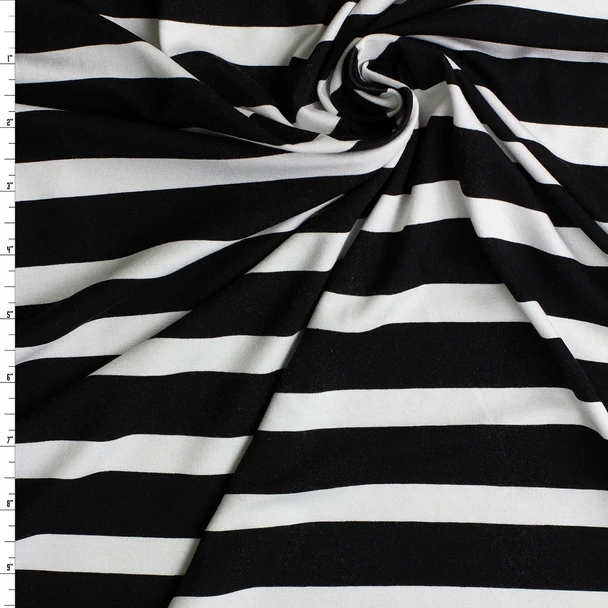 Black on White Horizontal Wide Stripes Designer Stretch Rayon Jersey Knit #32908 Fabric By The Yard