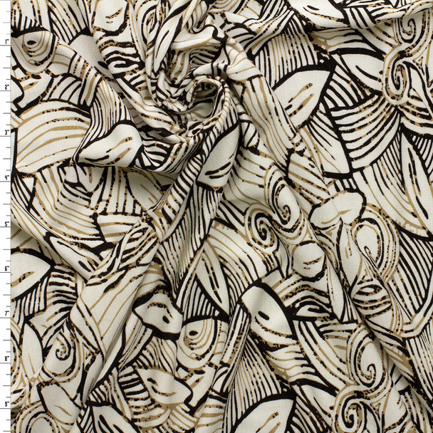 Espresso on Ivory Swirling Leaves Designer Stretch Rayon Jersey Knit #32911 Fabric By The Yard
