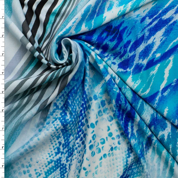 Aqua and Charcoal Geo Animal Abstract Designer Stretch Rayon Jersey Knit #32915 Fabric By The Yard