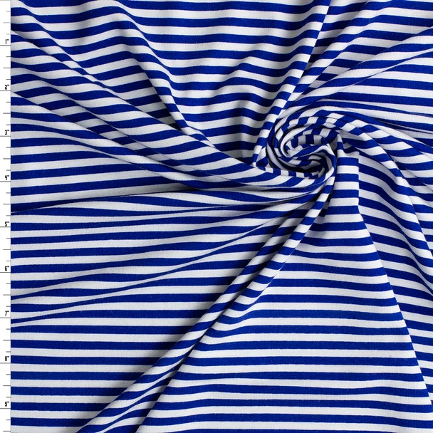 Royal and White Horizontal Mini Stripes Designer Stretch Rayon Jersey Knit #32916 Fabric By The Yard