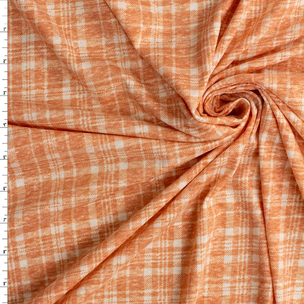 Pumpkin and White Washed Grunge Plaid Designer Stretch Cotton Jersey Knit #32920 Fabric By The Yard