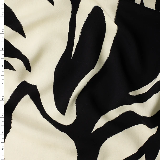 Ivory and Black Brushstroke Floral Silhouettes Viscose Challis #32938 Fabric By The Yard