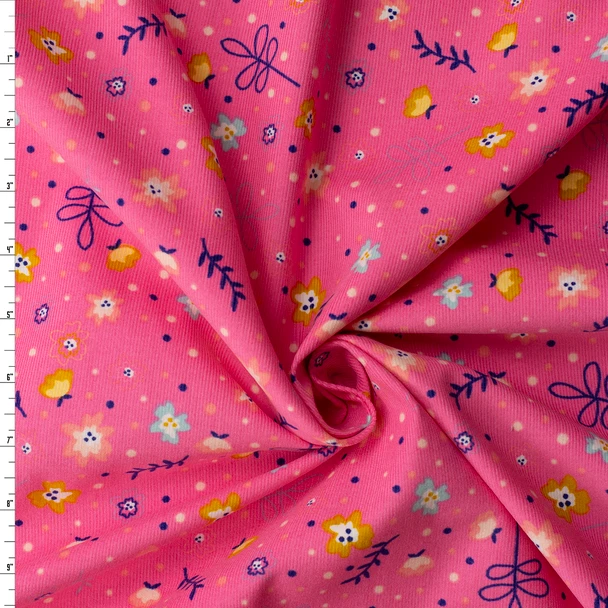 Whimsical Dots and Flowers on Pink Baby Wale Corduroy #32955 Fabric By The Yard