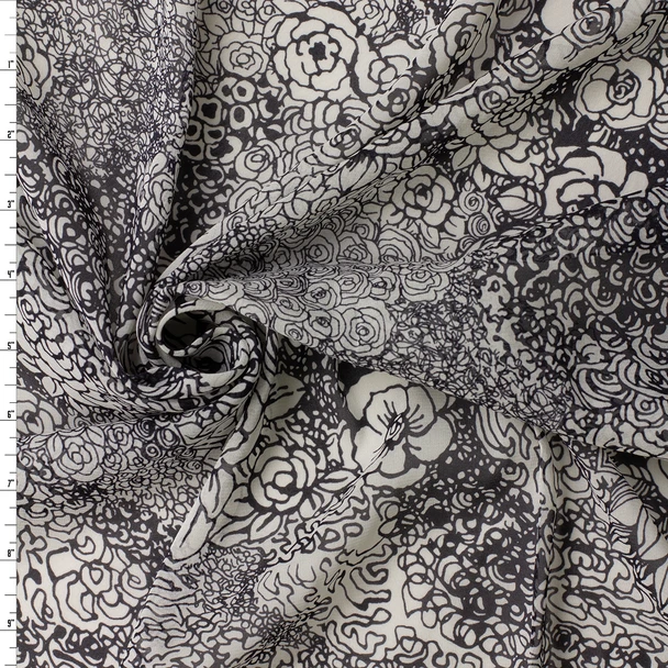 Black on Warm White Sketch Floral Silk Chiffon #32965 Fabric By The Yard