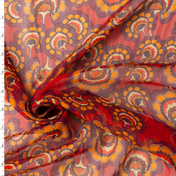 Red and Orange Retro Floral Silk Chiffon #32967 Fabric By The Yard