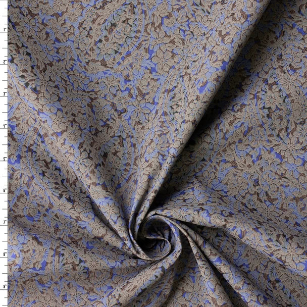 Brown and Blue Layered Floral on Paisley Print 3.9oz. Cotton Poplin #32985 Fabric By The Yard