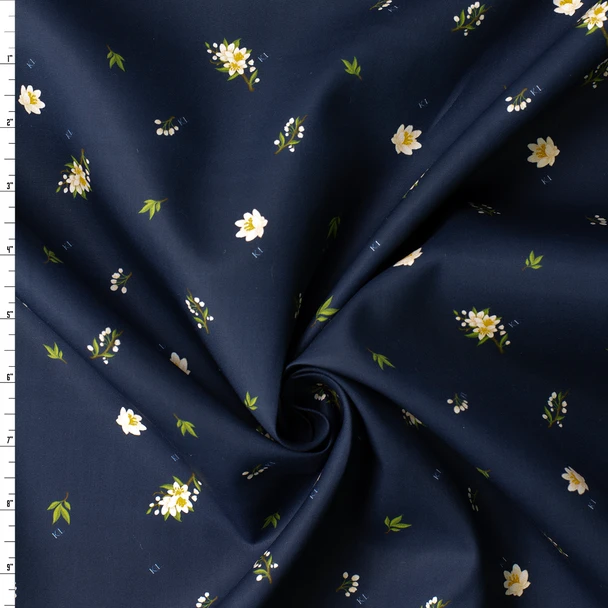 Ivory Blossom Branches on Navy 2.9oz. Cotton Poplin #32986 Fabric By The Yard