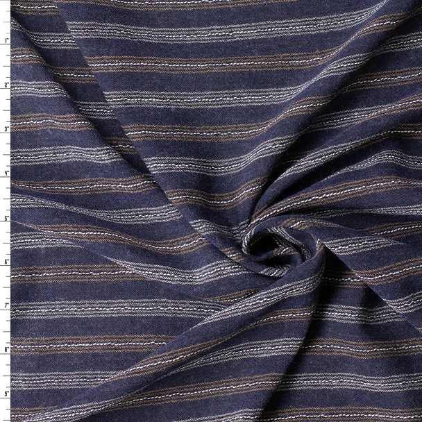Navy, Tan, and Grey Horizontal Stripe Wool Jersey #33015 Fabric By The Yard