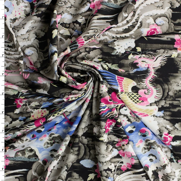 Asian Phoenix on Greyscale Clouds Nylon/Spandex Knit #33024 Fabric By The Yard