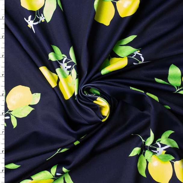 Lemons on Navy Blue Poly/Spandex Knit #33025 Fabric By The Yard