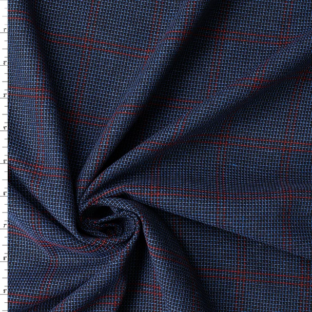 Burgundy on Navy Double Windowpane Plaid Wool Hopsack #33043 Fabric By The Yard