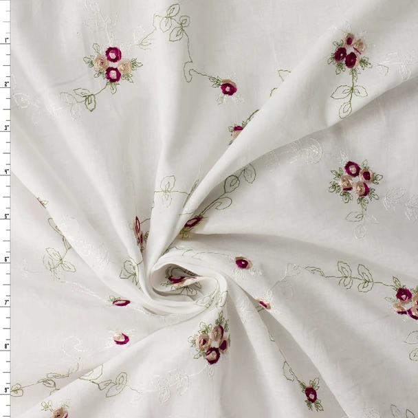 Wine, Pink, and Green Rose Vine Floral on White Embroidered Italian Cotton #33048 Fabric By The Yard