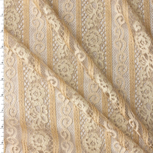 Tan and Ivory Vertical Scrolling Floral Stripes Lace #33051 Fabric By The Yard