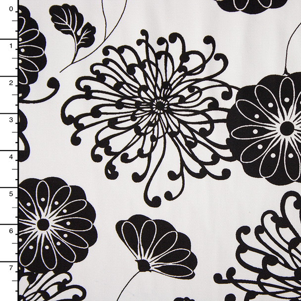 Black on White Floral Stretch Cotton Twill