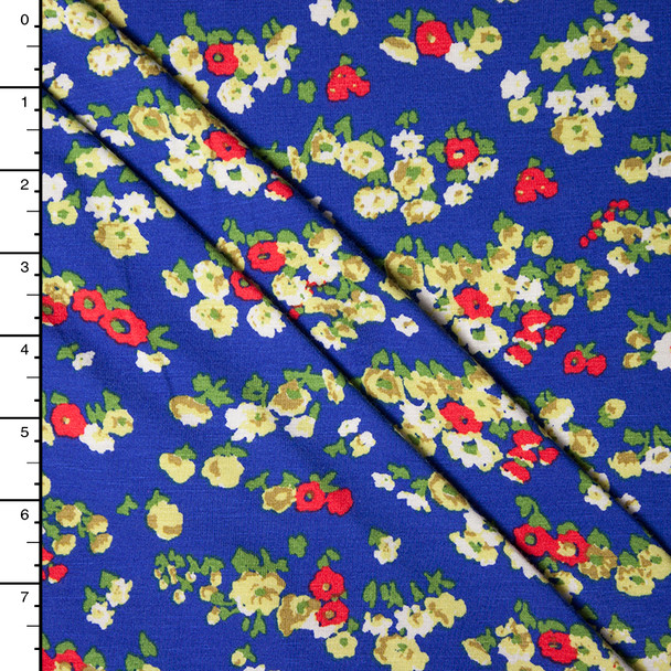 Green and Red Mini Floral on Bright Blue Stretch Rayon Jersey Knit