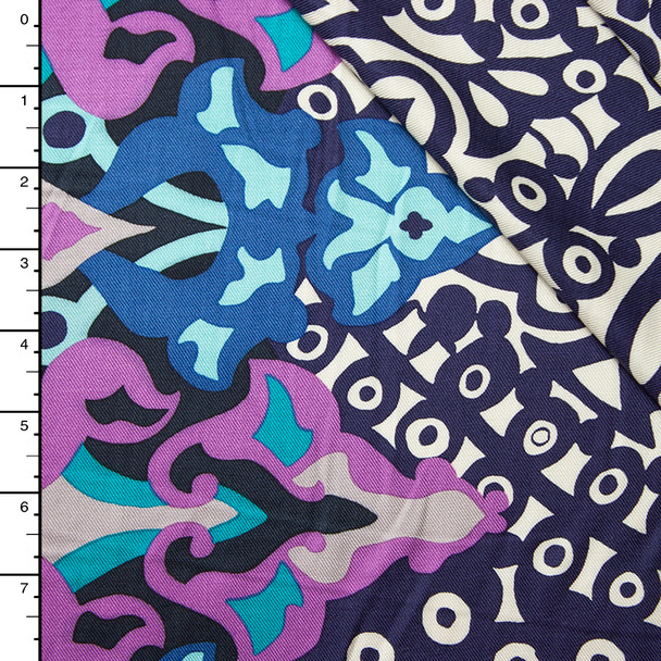 Lavander and Navy Ornate Border Print Rayon Gabardine