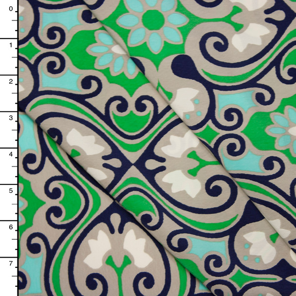 Aqua and Lime Floral Scrollwork Polyester Peachskin Print