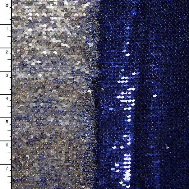 Metallic Silver and Blue Reversible Two Tone Sequin Fabric
