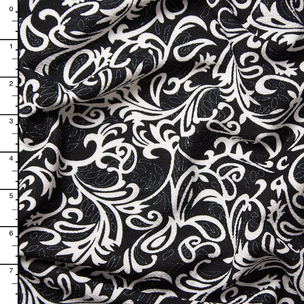 White on Black Scrollwork Pattern 4-way Stretch Liverpool Knit