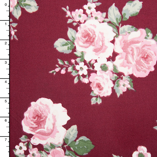 Pink and Sage Green Rose Floral on Wine Double Brushed Poly