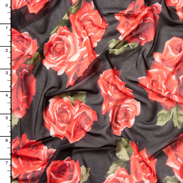 Red and Green Rose Clusters on Black Power Mesh