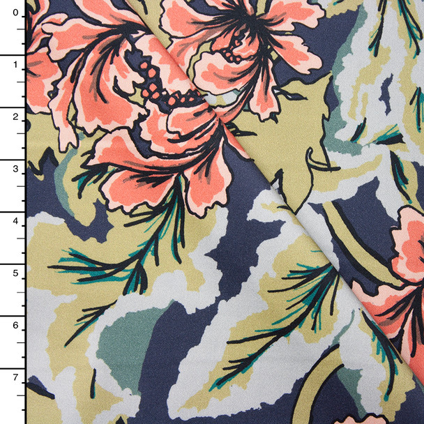 Coral and Green Floral on Navy Stretch Sateen from ‘7 for all Mankind’ Fabric By The Yard