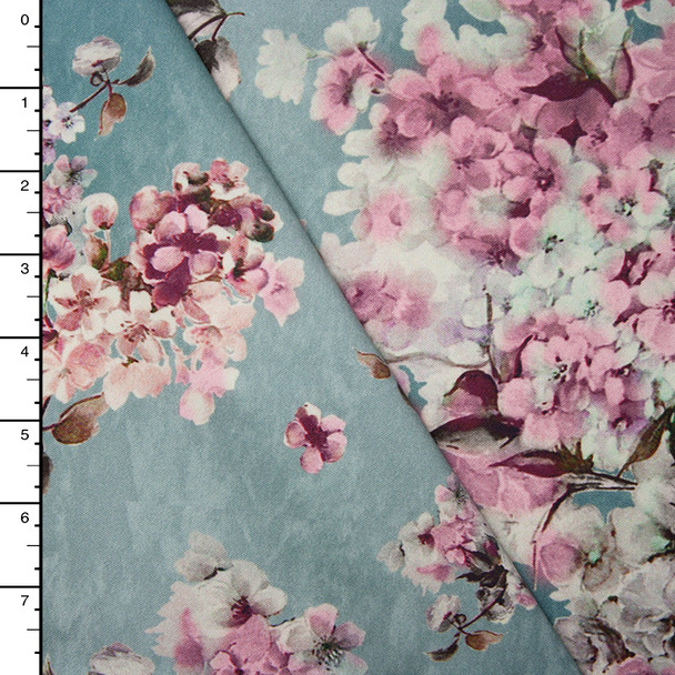 Lavender, Pink, and White Floral on Arctic Grey Stretch Sateen from ‘7 for all Mankind’ Fabric By The Yard