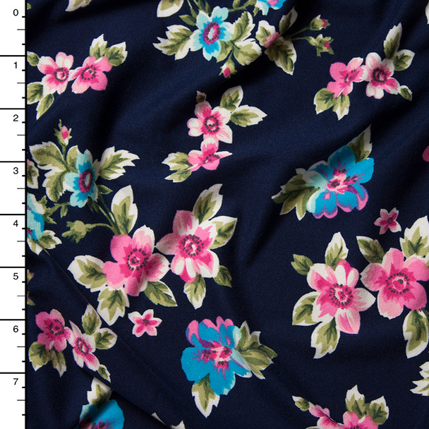 Pink an Turquoise on Navy Blue Wildflower Floral Double Brushed Poly Spandex Print Fabric By The Yard