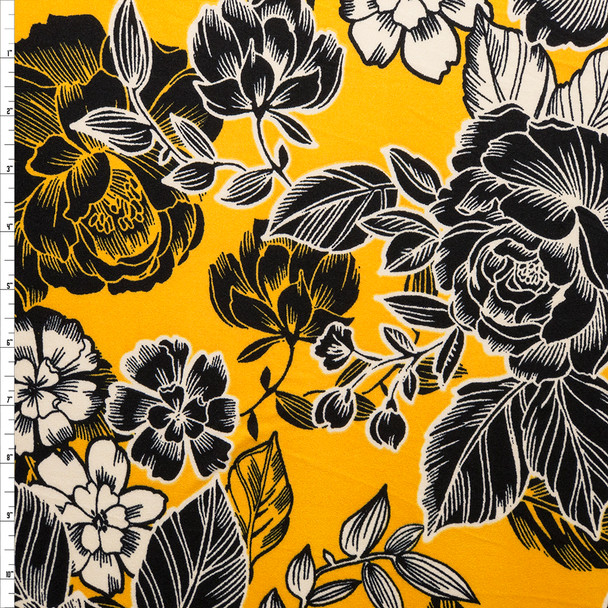 Black and Offwhite Line Art Roses on Bright Mustard Yellow Double Brushed Poly Spandex Fabric By The Yard