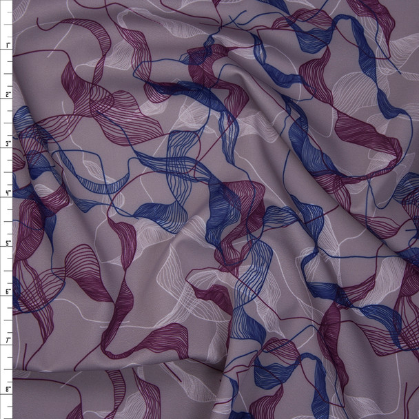 Plum and Navy on Grey Abstract Print Nylon/Lycra Fabric By The Yard