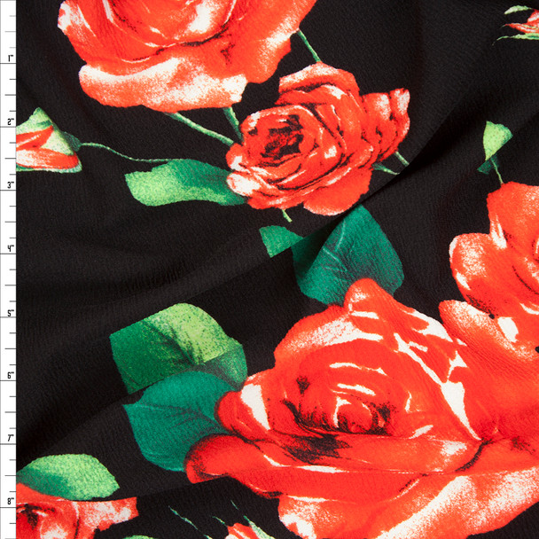Bright Red and Green Roses on Black Liverpool Fabric By The Yard