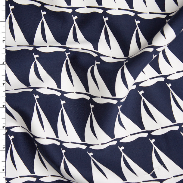 White Sailboats on Navy Midweight Designer Cotton Twill Fabric By The Yard