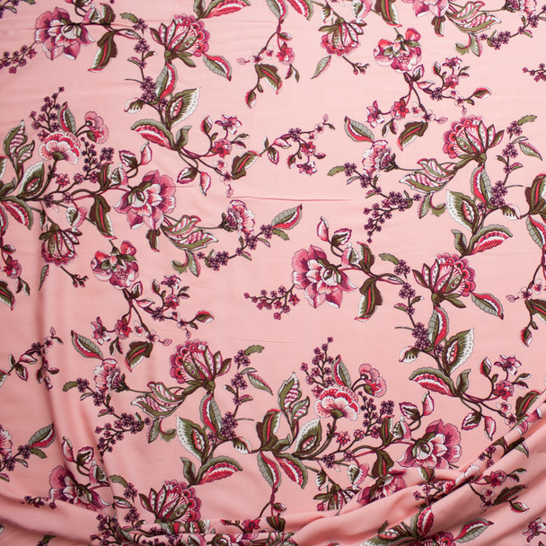 Pink and Olive Scrolling Floral on Coral Rayon Challis Fabric By The Yard - Wide shot