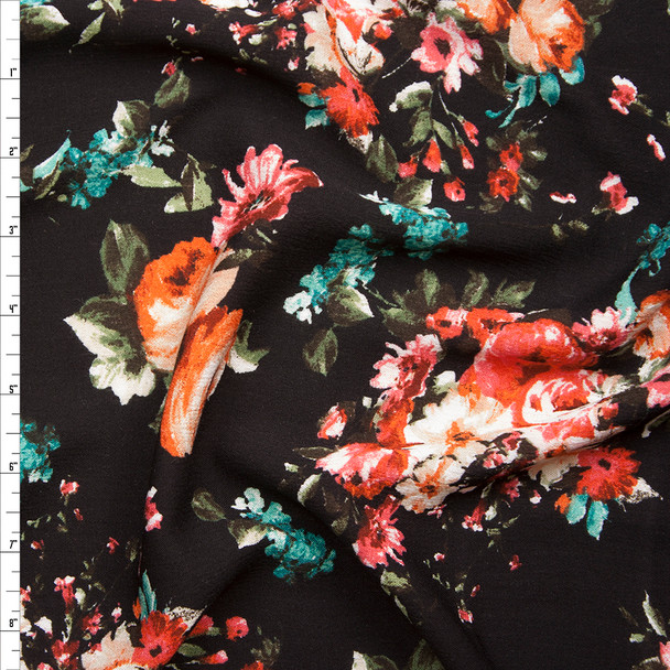 Pink and Orange Rose Floral on Black Rayon Gauze Fabric By The Yard