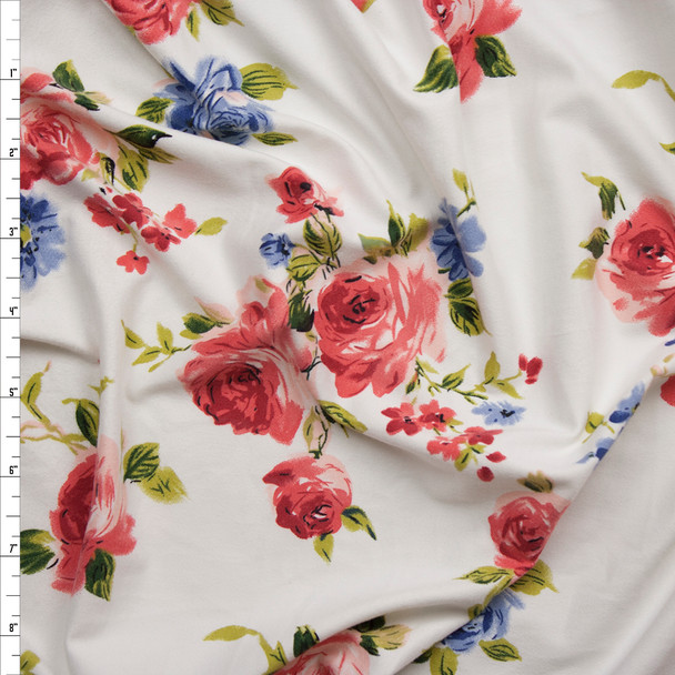 Pink and Light Blue Roses on Offwhite Double Brushed Poly Spandex Fabric By The Yard