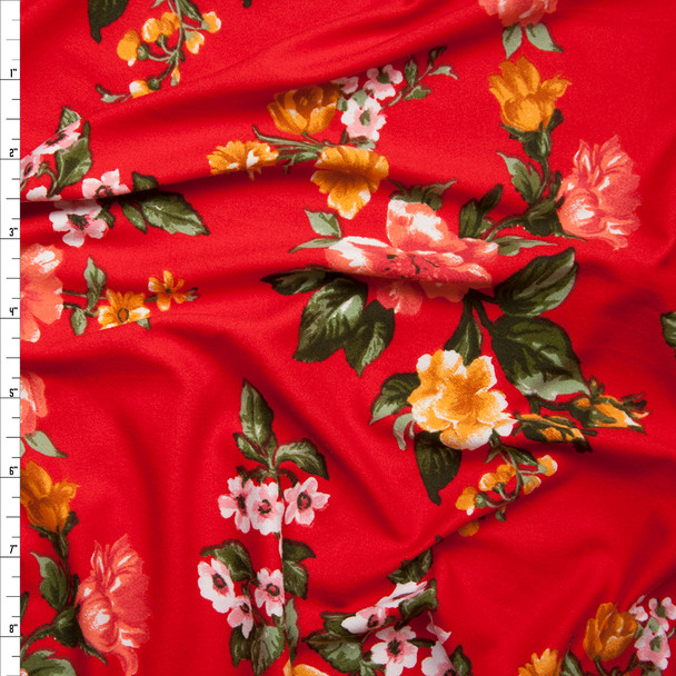 Coral and Mustard Floral on Bright Red Double Brushed Poly Spandex Fabric By The Yard