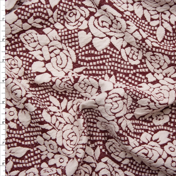 Wine and Ivory Dots and Roses Textured Double Knit Fabric By The Yard