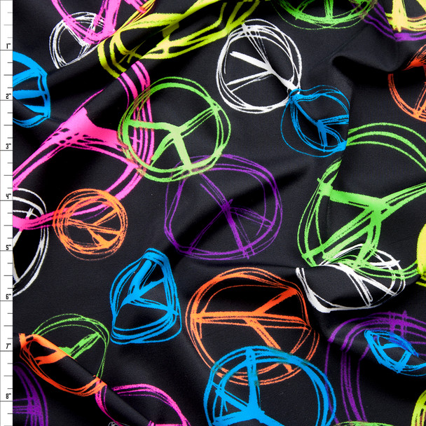 Neon on Black Peace Signs Midweight Nylon/Lycra Print Fabric By The Yard