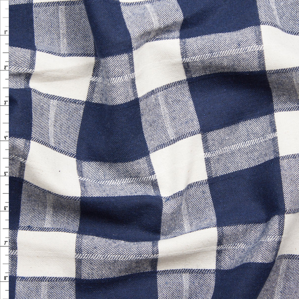 Offwhite and Navy Blue Plaid Flannel Fabric By The Yard