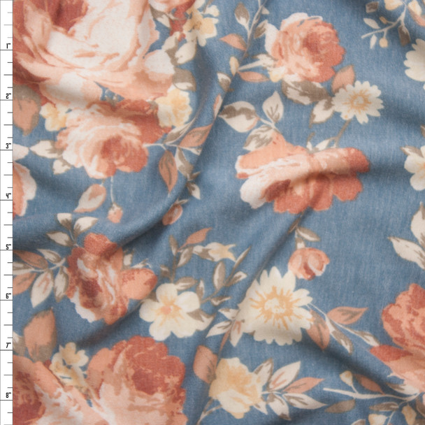 Peach and Ivory Flowers on Light Grey French Terry Fabric By The Yard