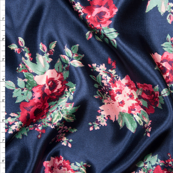 Pink and Green Rose Floral on Navy Blue Shantung Satin Fabric By The Yard