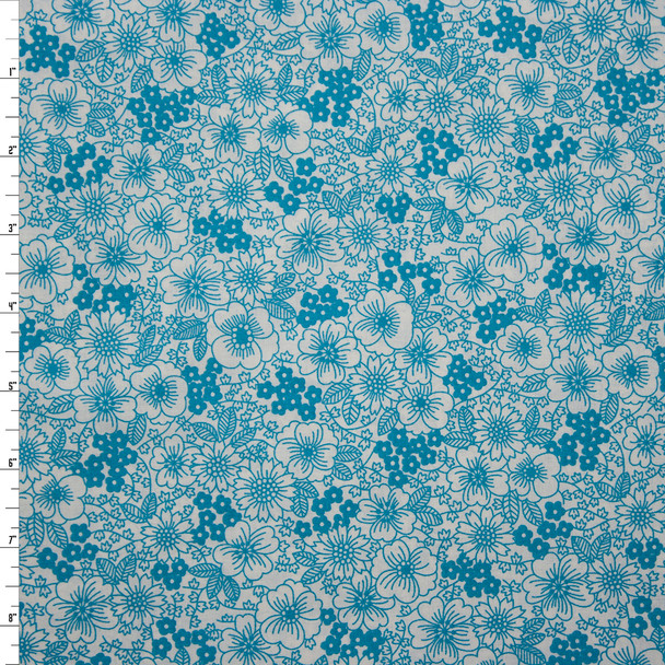 Turquoise on White Field of Flowers 'London Calling' Cotton Lawn Fabric By The Yard