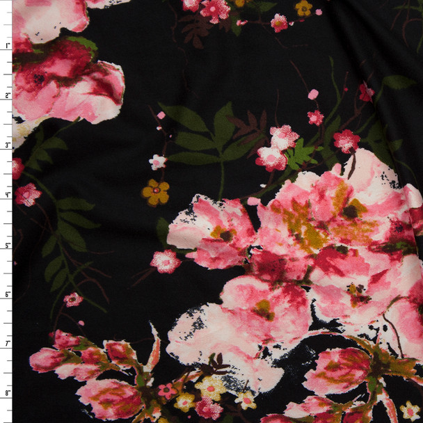 Pink and Mustard Floral on Black Double Brushed Poly Spandex Fabric By The Yard