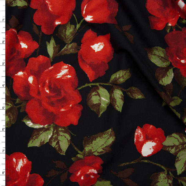 Red Roses and Leaves on Black Double Brushed Poly Spandex Fabric By The Yard