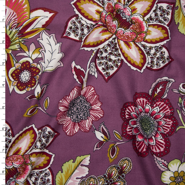 Colorful Ornate Floral on Dusty Lilac Double Brushed Poly Spandex Fabric By The Yard