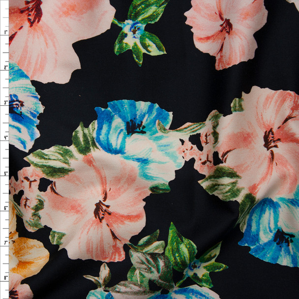 Coral, Light Blue, and Yellow Brushstroke Floral on Black Stretch Sateen from ‘7 for All Mankind’ Fabric By The Yard