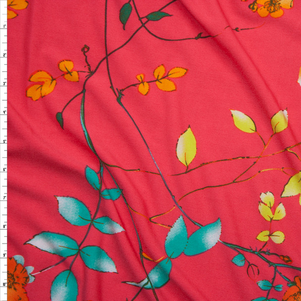 Bright Orange, Yellow and Aqua Flowers and Branches on Neon Red Lightweight Poly Knit Fabric By The Yard