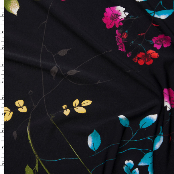 Hot Pink, Lime, and Red Flowers and Branches on Black Lightweight Poly Knit Fabric By The Yard