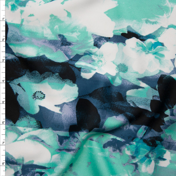 Mint, Black, and White Brushstroke Grunge Floral Techno Knit Fabric By The Yard