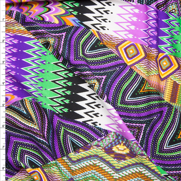 Green and Purple Mixed Pattern Patchwork Stretch Poly Jersey Knit Fabric By The Yard